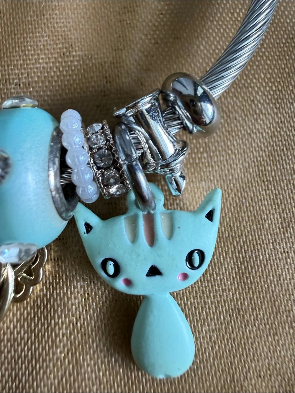 Silver Cat Charm Bracelet with Mint Blue Enamel Cat Charm